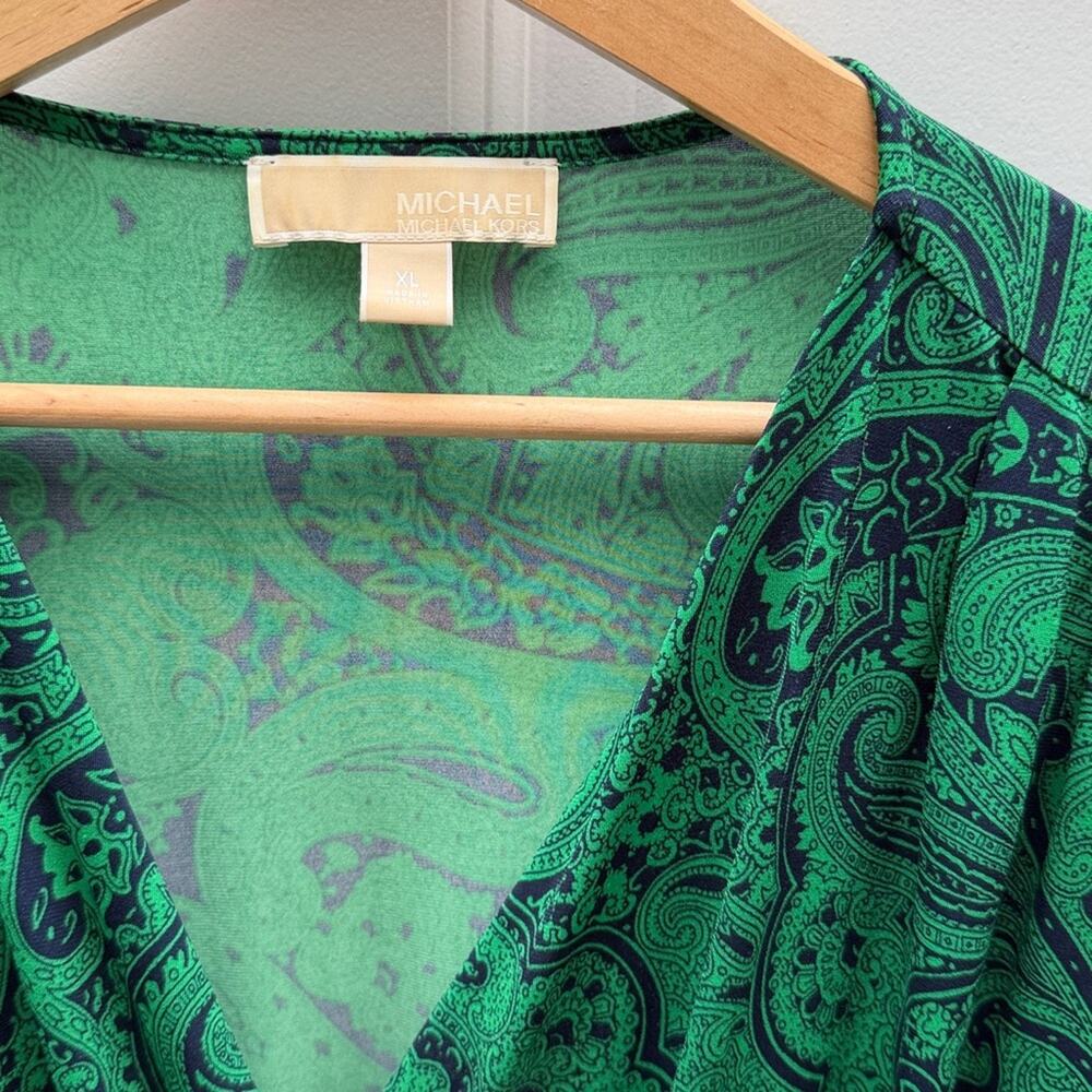 MICHAEL KORS Belted Green Paisley Short Sleeve Wrap Dress Size XL - Picture 2 of 5